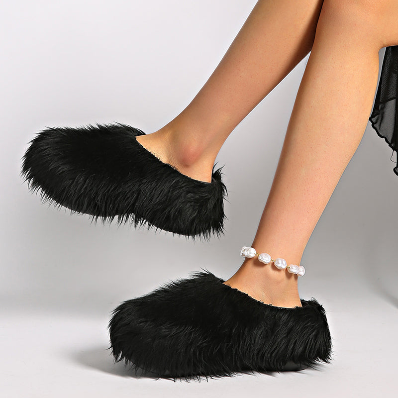 black Women's summer fuzzy slide sandals