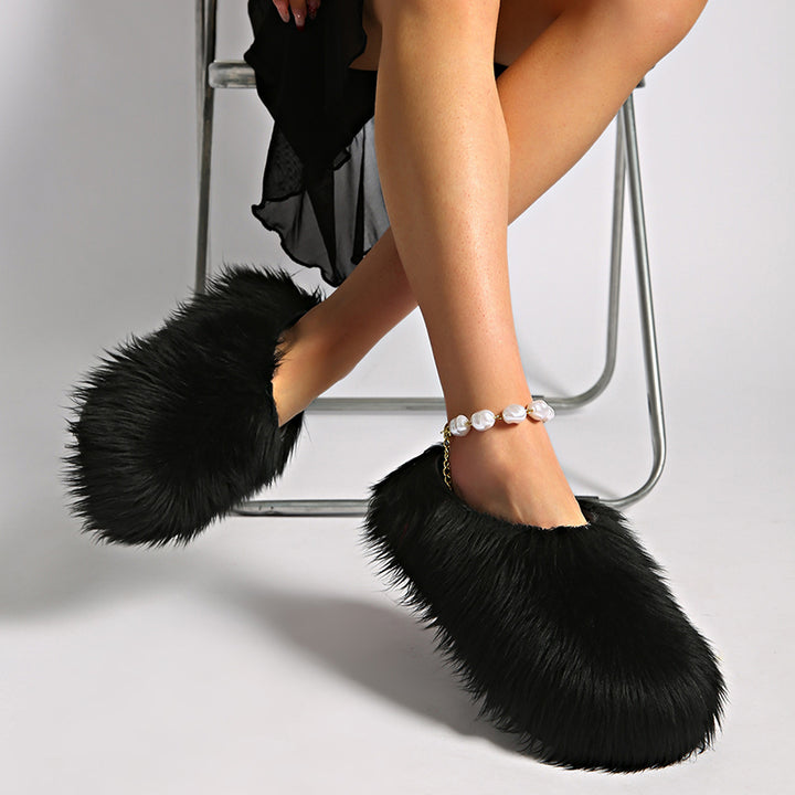 black Women's summer fuzzy slide sandals