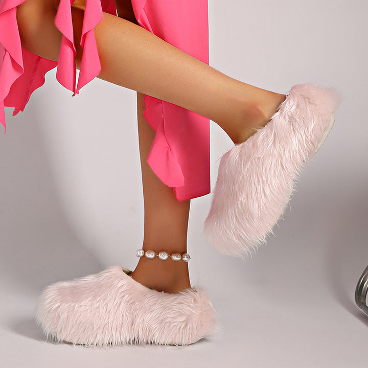 pink Women's summer fuzzy slide sandals
