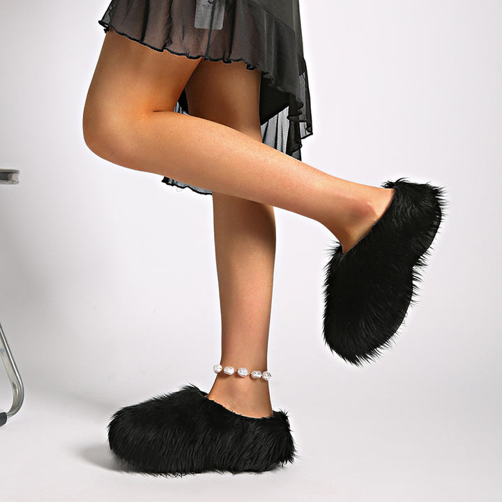 black Women's summer fuzzy slide sandals
