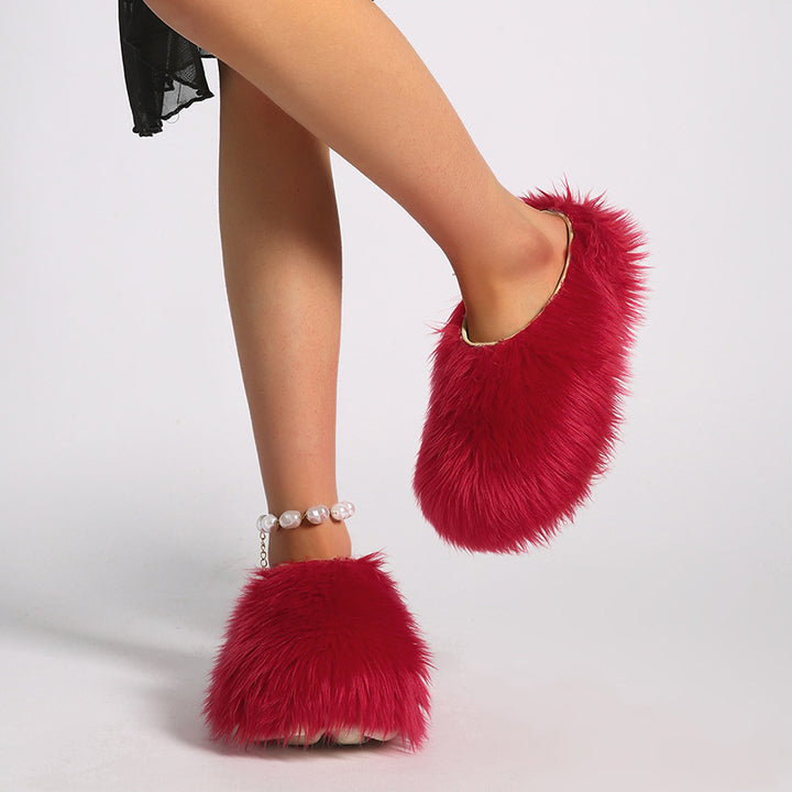 red Women's summer platform fur slide sandals