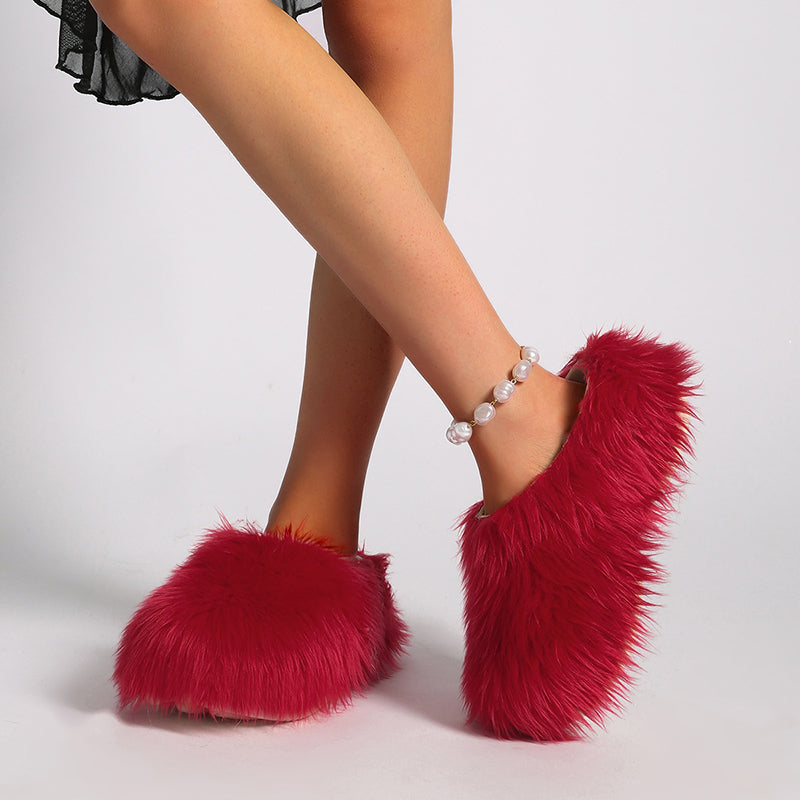 red Women's summer platform fur slide sandals