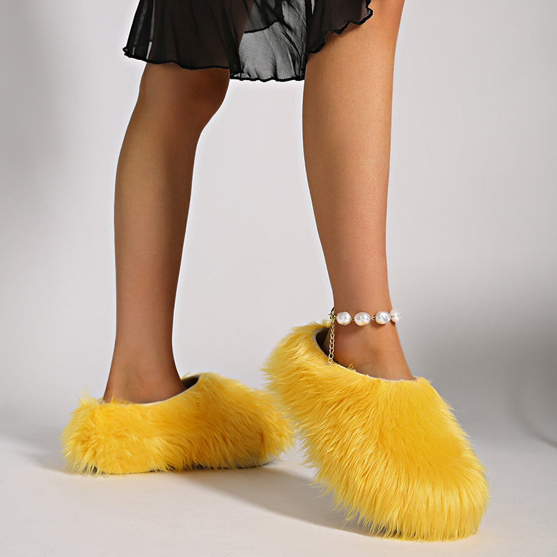 yellow Women's summer platform fur slide sandals