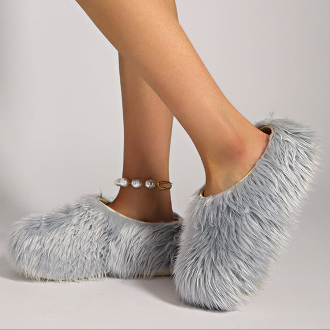 gray Women's summer platform fur slide sandals
