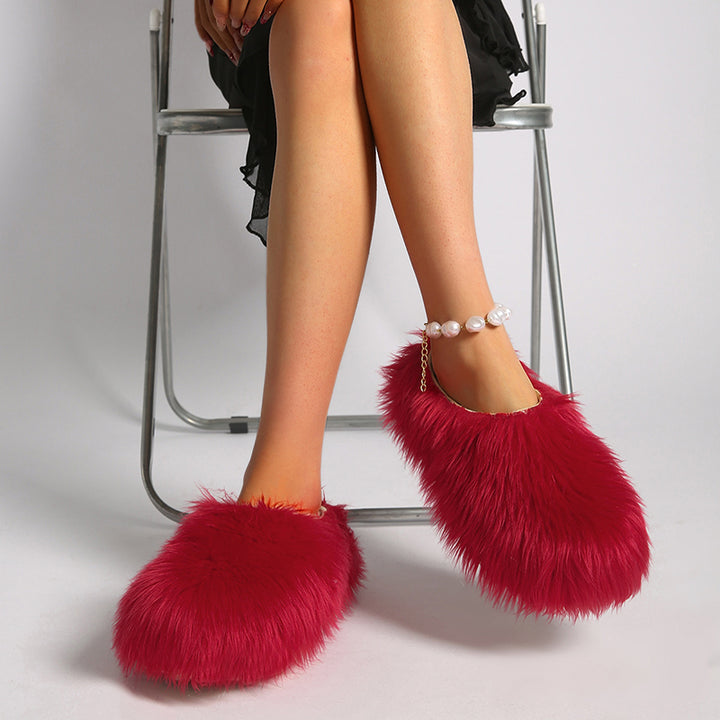 red Women's summer platform fur slide sandals