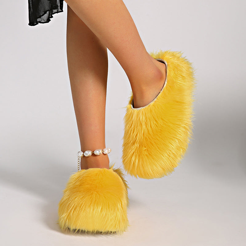 yellow Women's summer platform fur slide sandals