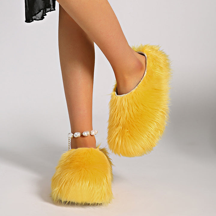 yellow Women's summer platform fur slide sandals