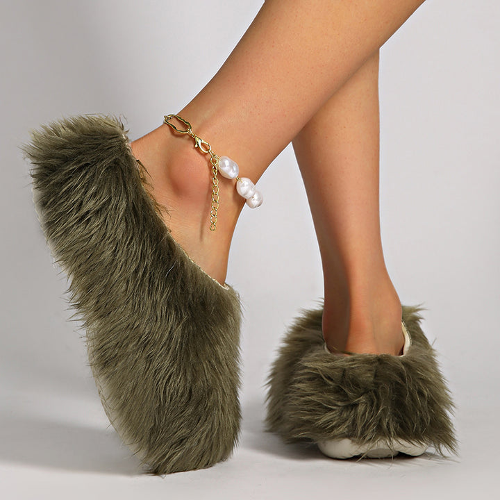 army green Women's summer platform fur slide sandals