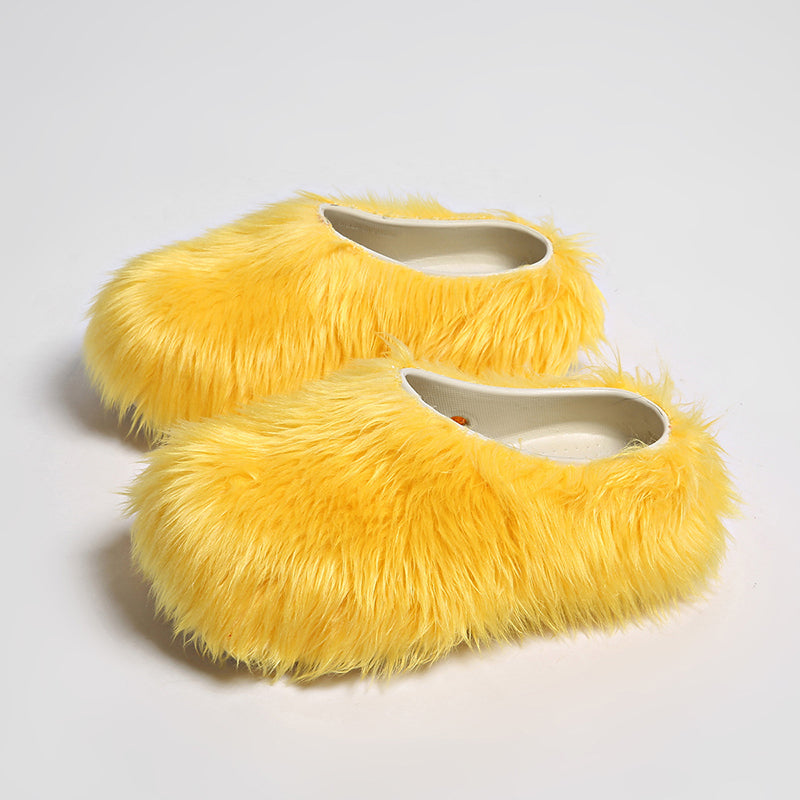 yellow Women's summer platform fur slide sandals