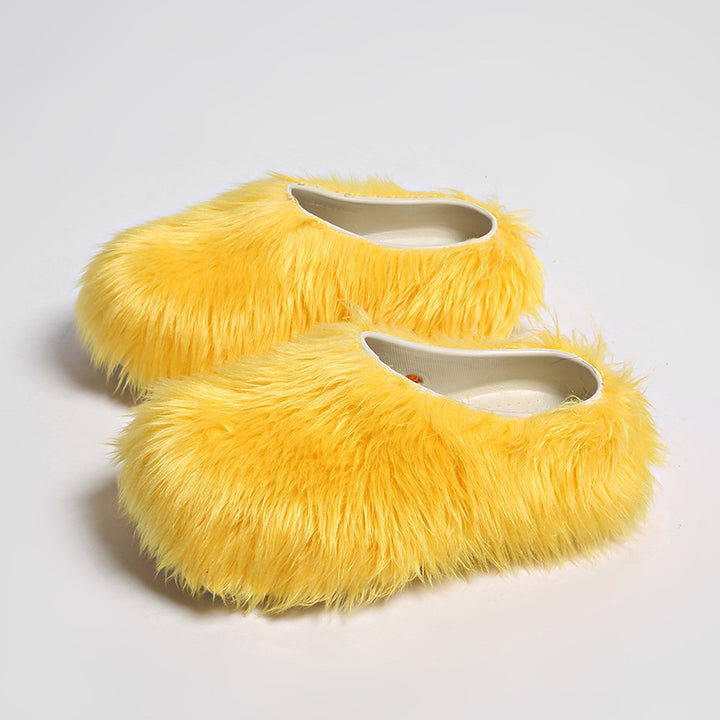 yellow Women's summer platform fur slide sandals