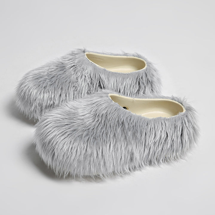 gray Women's summer platform fur slide sandals