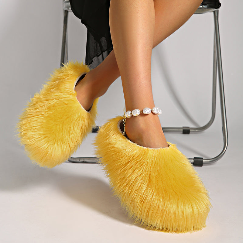 yellow Women's summer platform fur slide sandals