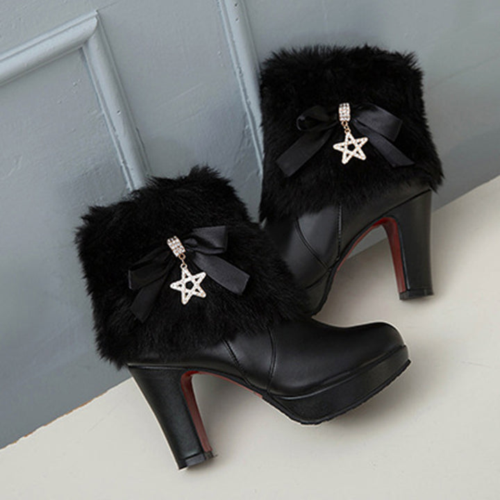 black Women's sweet bowknot chunky heels ankle boots fuzzy trim
