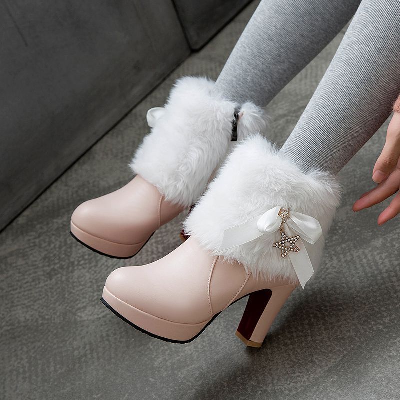pink Women's sweet bowknot chunky heels ankle boots fuzzy trim