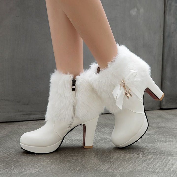 white Women's sweet bowknot chunky heels ankle boots fuzzy trim
