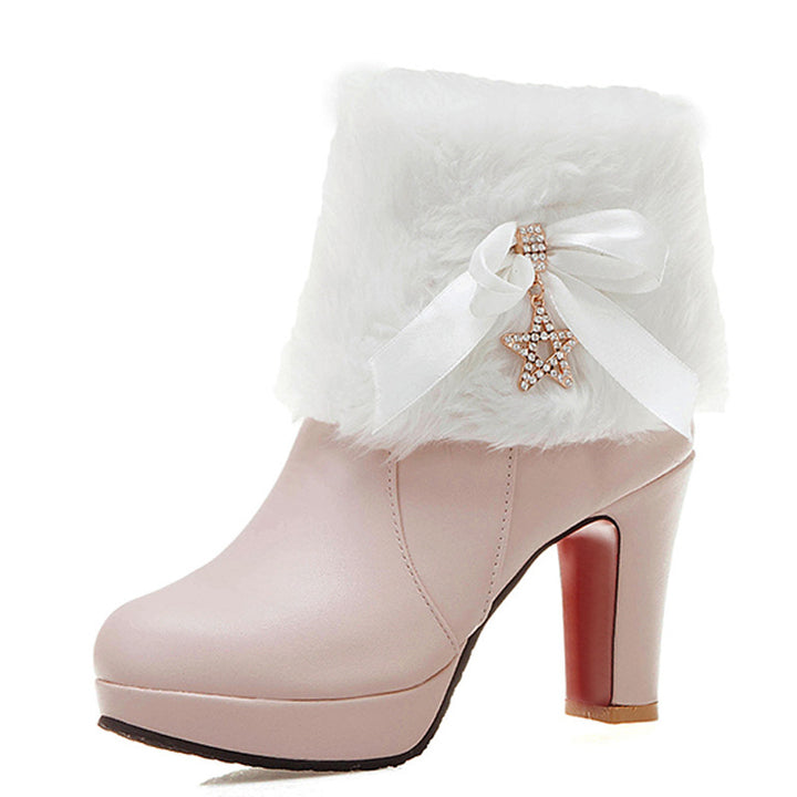 pink Women's sweet bowknot chunky heels ankle boots fuzzy trim