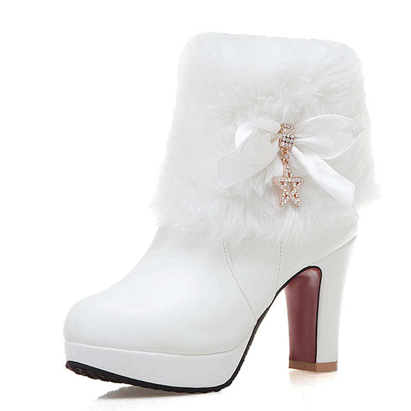 white Women's sweet bowknot chunky heels ankle boots fuzzy trim