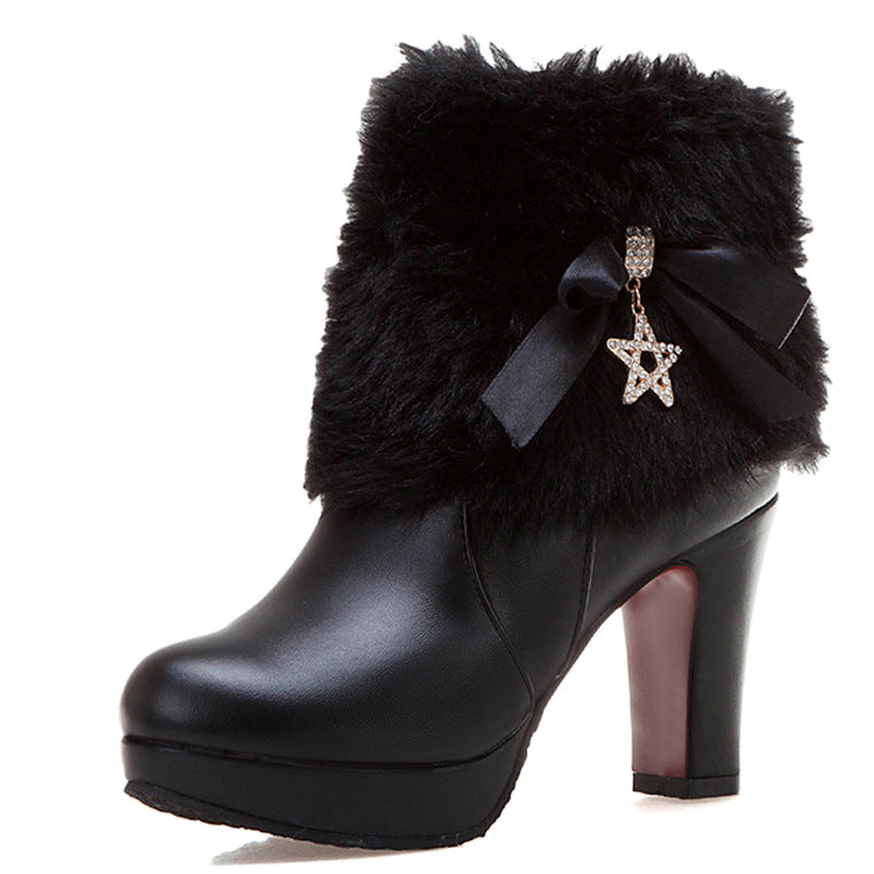 black Women's sweet bowknot chunky heels ankle boots fuzzy trim