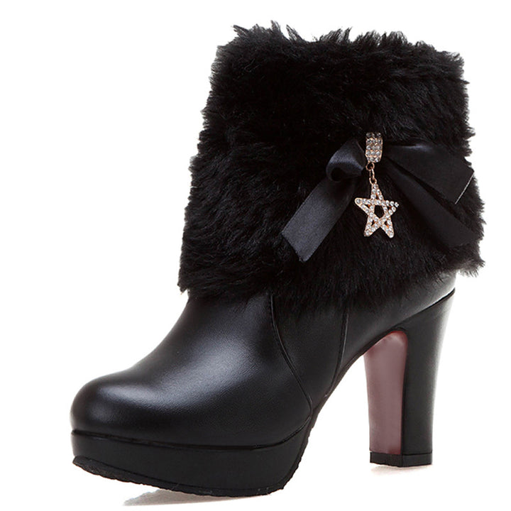 black Women's sweet bowknot chunky heels ankle boots fuzzy trim