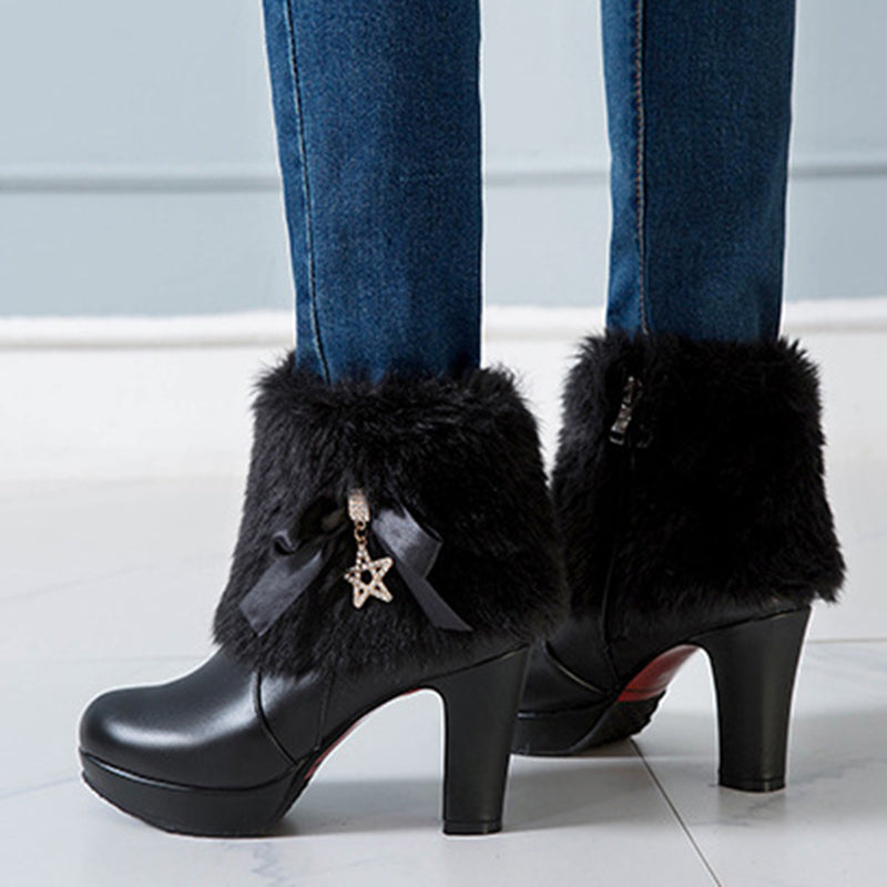 black Women's sweet bowknot chunky heels ankle boots fuzzy trim