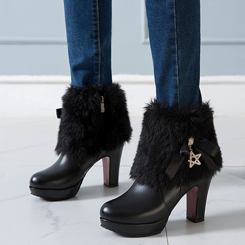 black Women's sweet bowknot chunky heels ankle boots fuzzy trim
