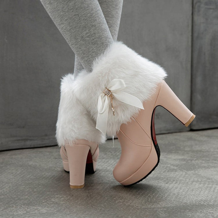 pink Women's sweet bowknot chunky heels ankle boots fuzzy trim