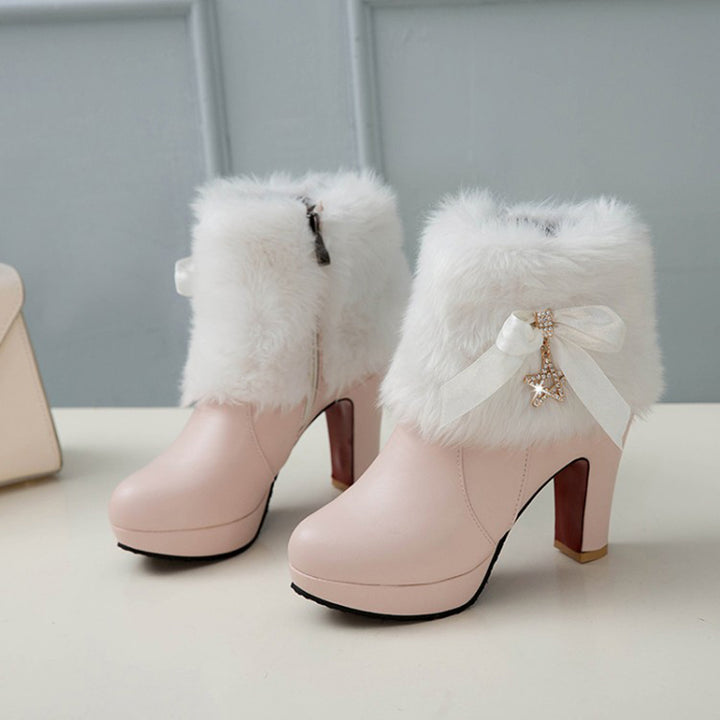 pink Women's sweet bowknot chunky heels ankle boots fuzzy trim