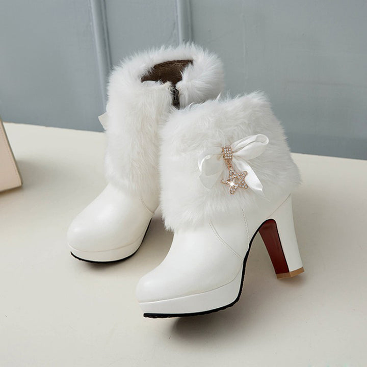 white Women's sweet bowknot chunky heels ankle boots fuzzy trim