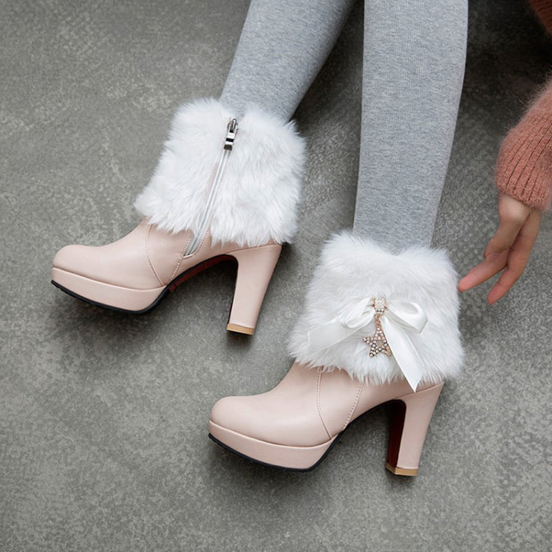 pink Women's sweet bowknot chunky heels ankle boots fuzzy trim