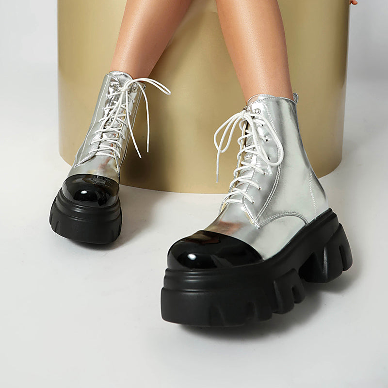 silver Women's thick platform 2-tone combat boots