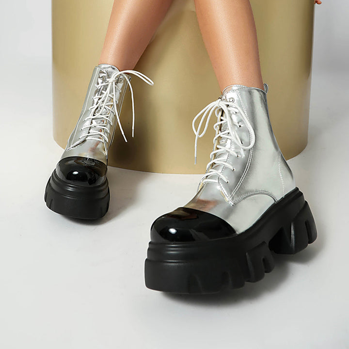 silver Women's thick platform 2-tone combat boots