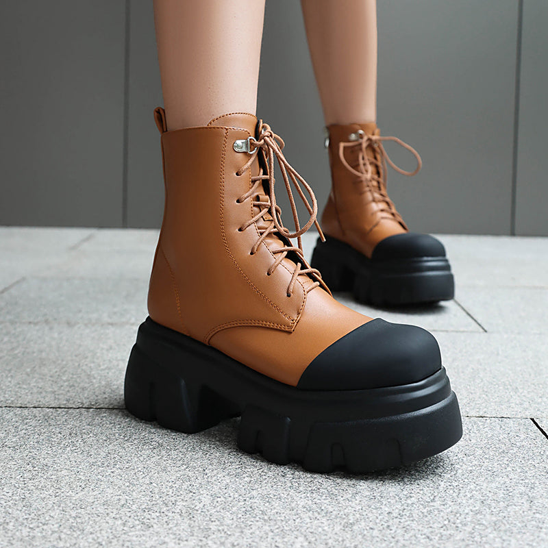 brown Women's thick platform 2-tone combat boots