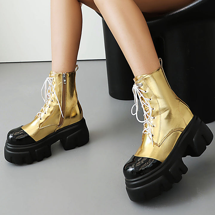gold Women's thick platform 2-tone combat boots
