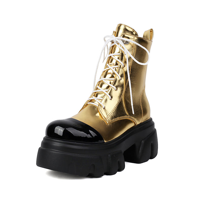 gold Women's thick platform 2-tone combat boots