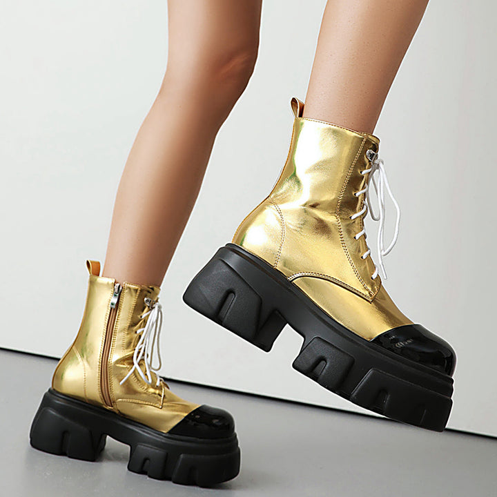 gold Women's thick platform 2-tone combat boots