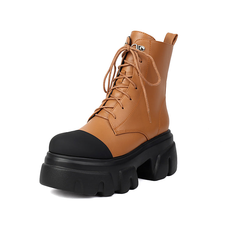 brown Women's thick platform 2-tone combat boots