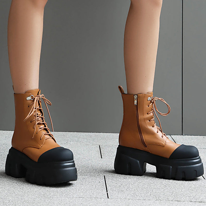 brown Women's thick platform 2-tone combat boots