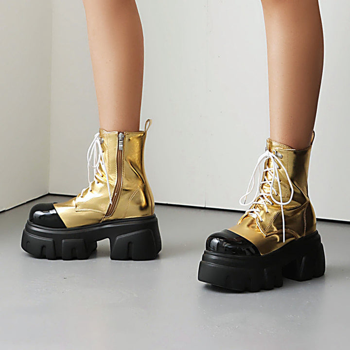 gold Women's thick platform 2-tone combat boots