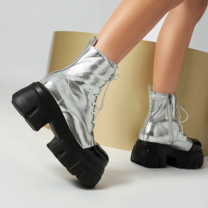 silver Women's thick platform 2-tone combat boots