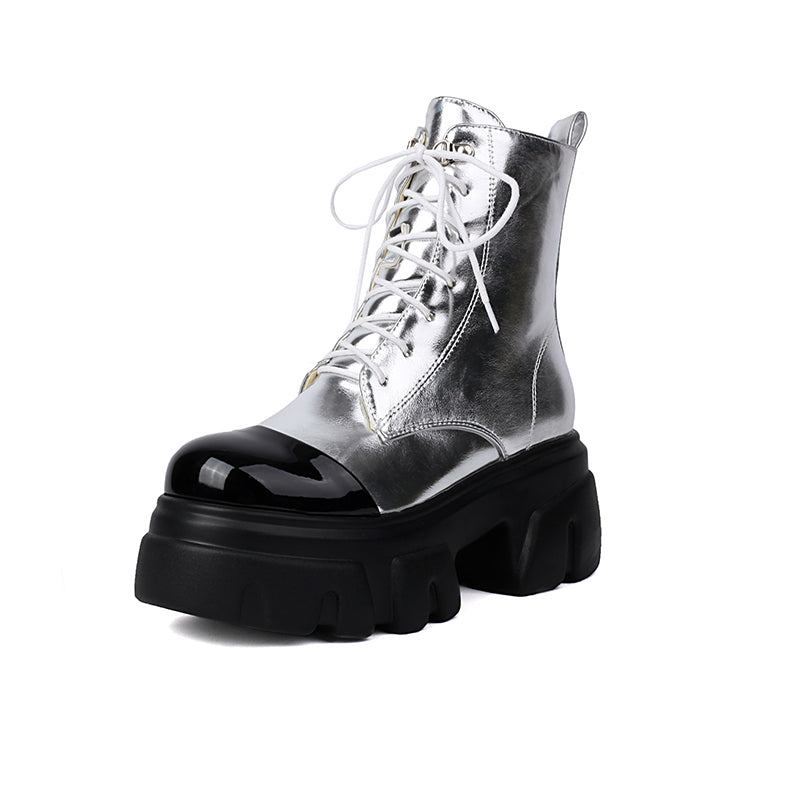 silver Women's thick platform 2-tone combat boots