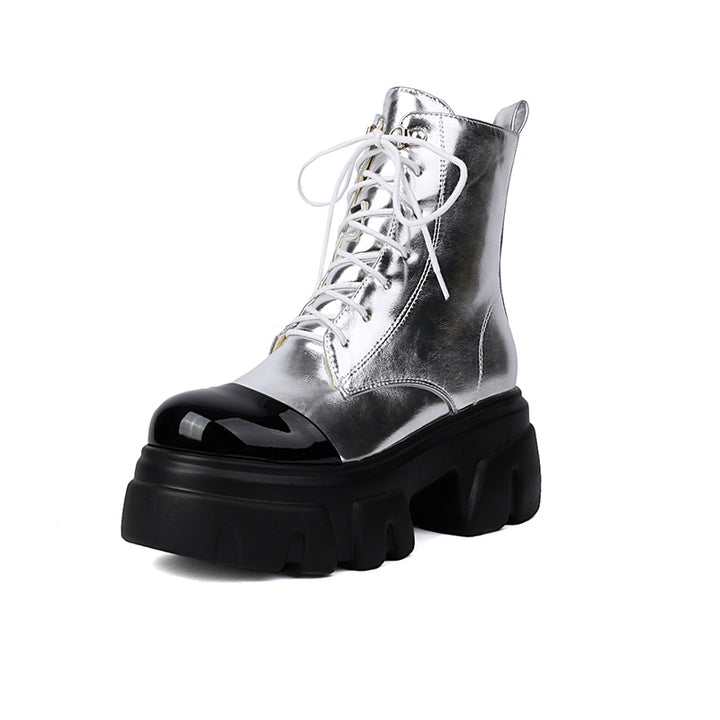 silver Women's thick platform 2-tone combat boots