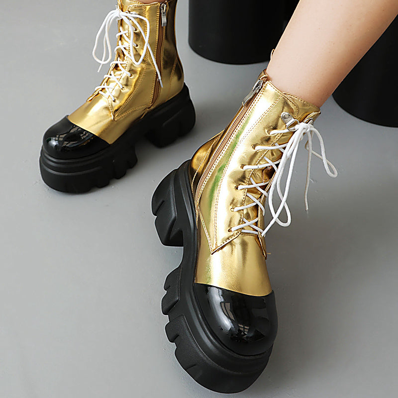 gold Women's thick platform 2-tone combat boots