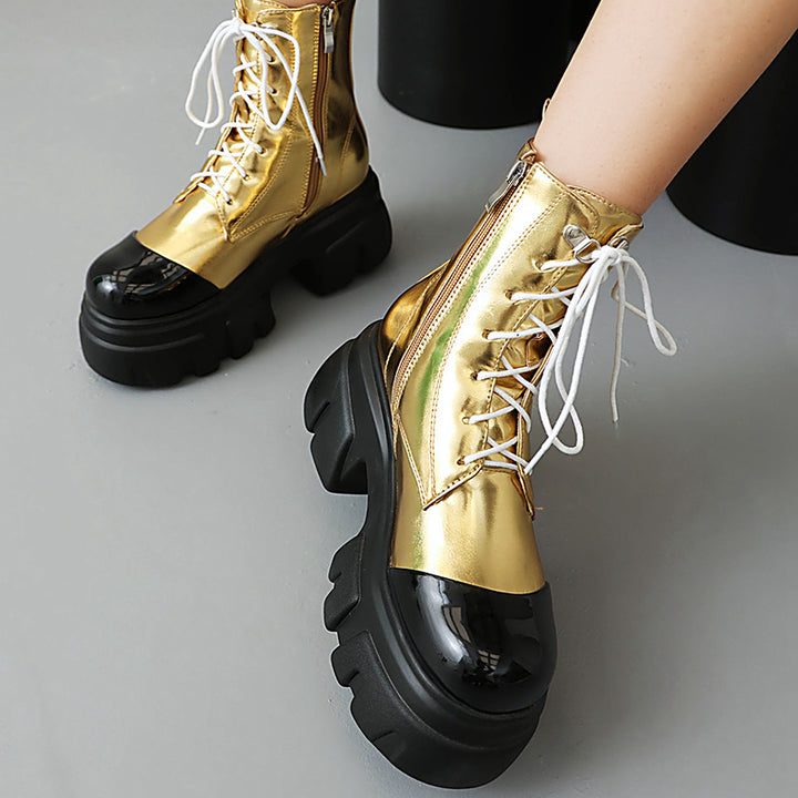 gold Women's thick platform 2-tone combat boots