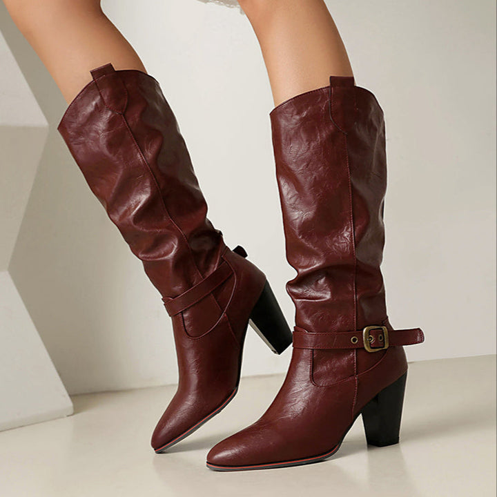 burgundy Women's vintage slouchy leather mid calf boots