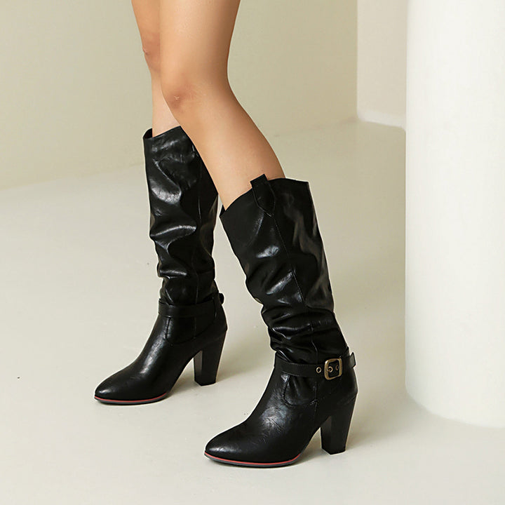 black Women's vintage slouchy leather mid calf boots