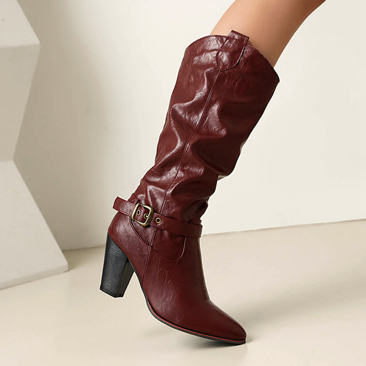 burgundy Women's vintage slouchy leather mid calf boots