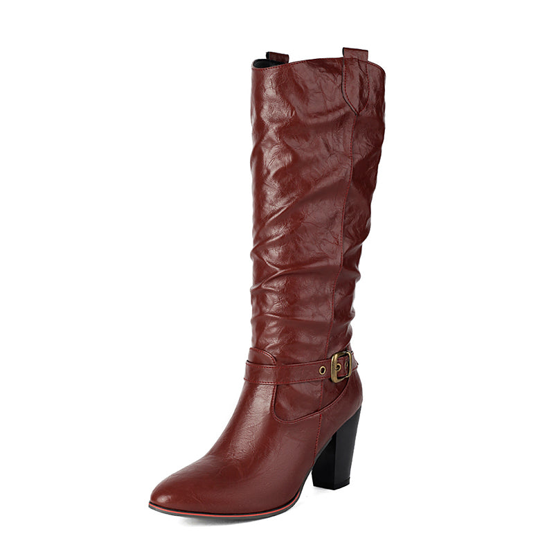 burgundy Women's vintage slouchy leather mid calf boots