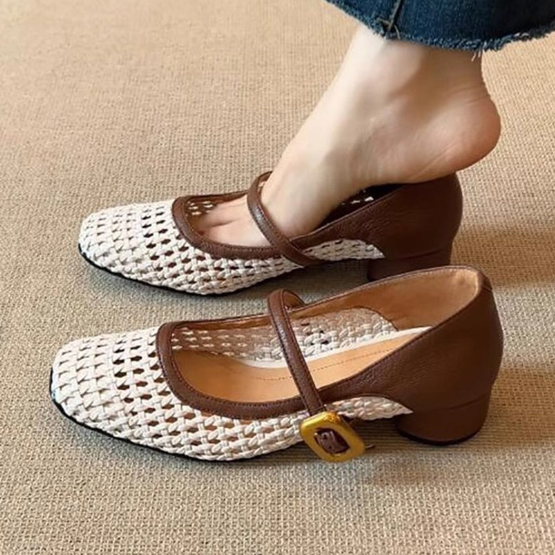 Women's vintage woven hollow out mary jane shoes