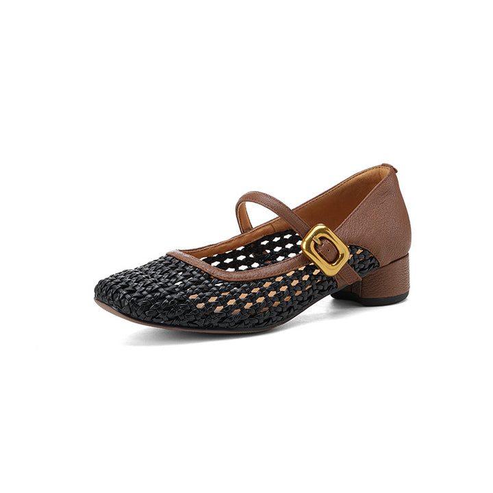 black Women's vintage woven hollow out mary jane shoes