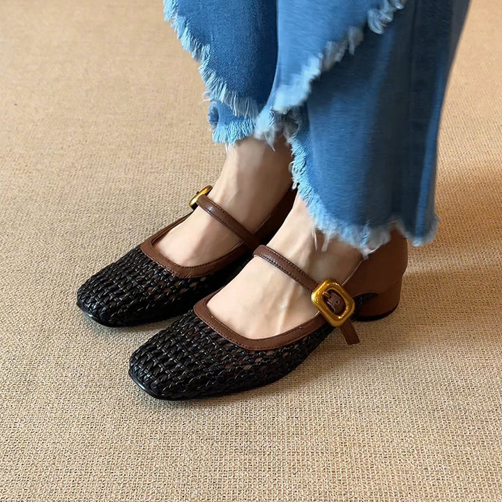 black Women's vintage woven hollow out mary jane shoes